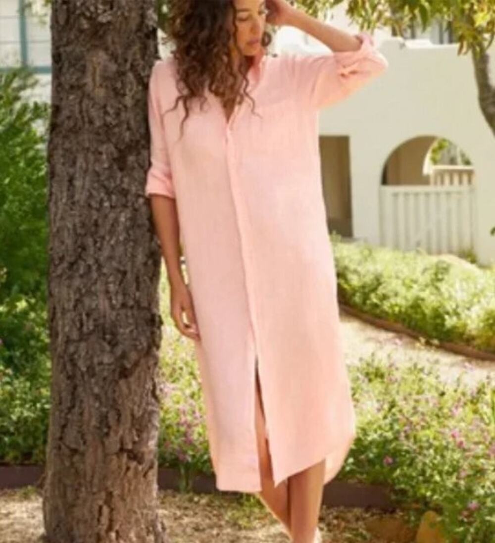 FRANK & EILEEN Sz M Medium Peach Coral Linen Rory Maxi Shirt Dress